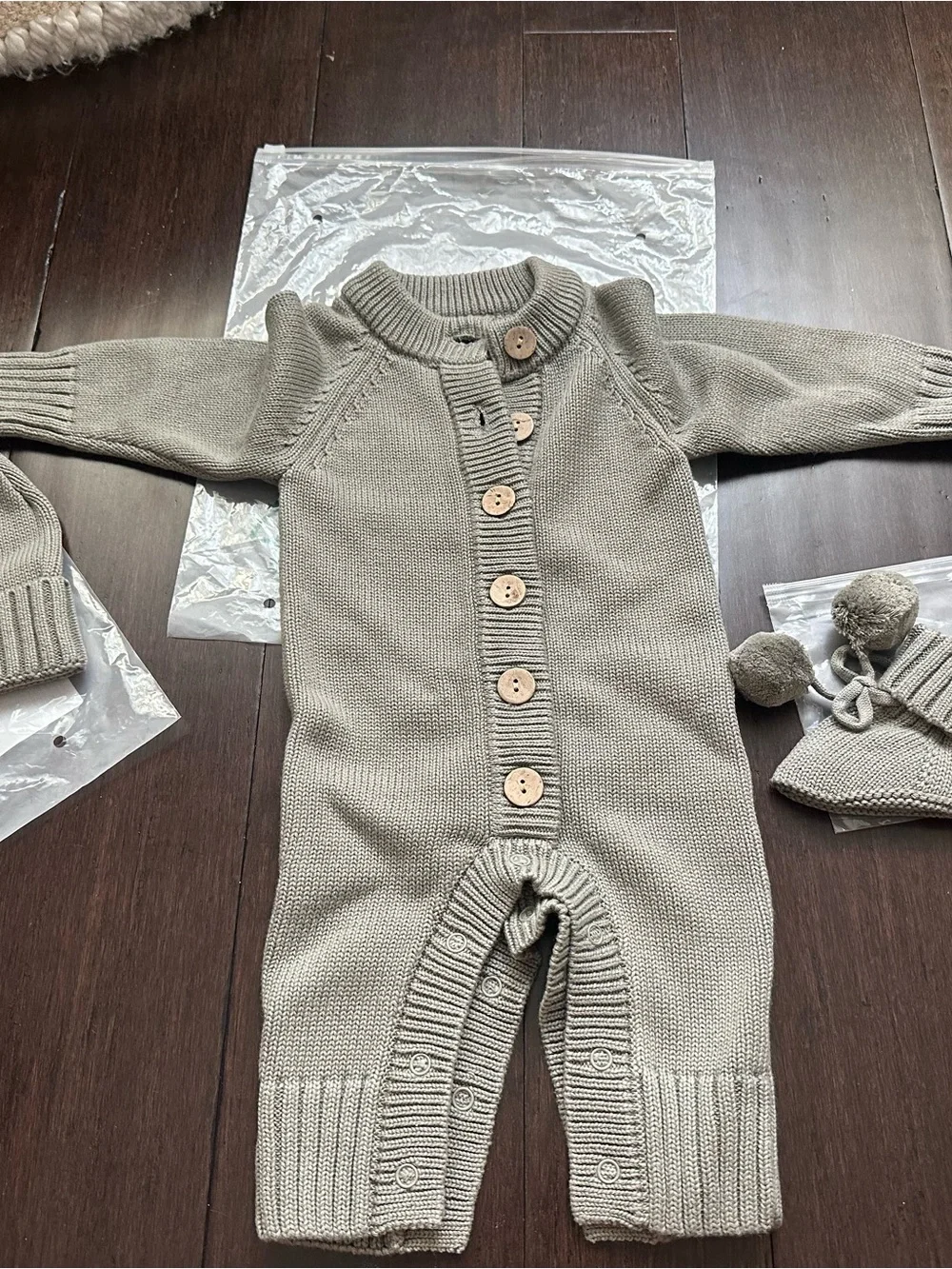Caden Lane Neutral Knit Baby One-Piece Romper with beanie and booties